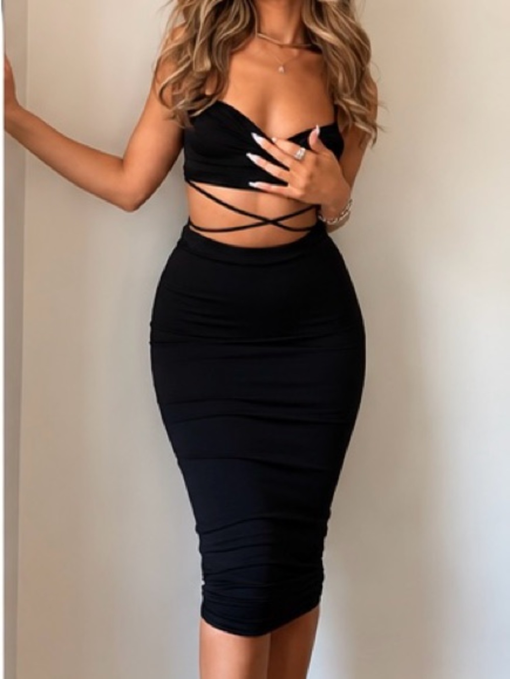 Fashion Nova Olive Oil II Black Bodycon Midi Pencil Skirt S NWT